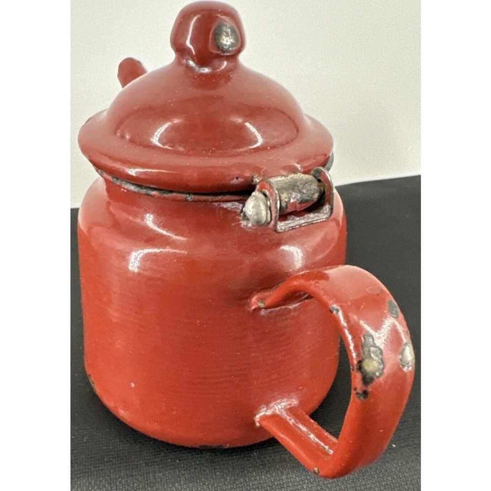 Teapot Burgundy Enamel Metal Farmhouse Decor 4.5" T Gooseneck Spout Distressed - Picture 6 of 11